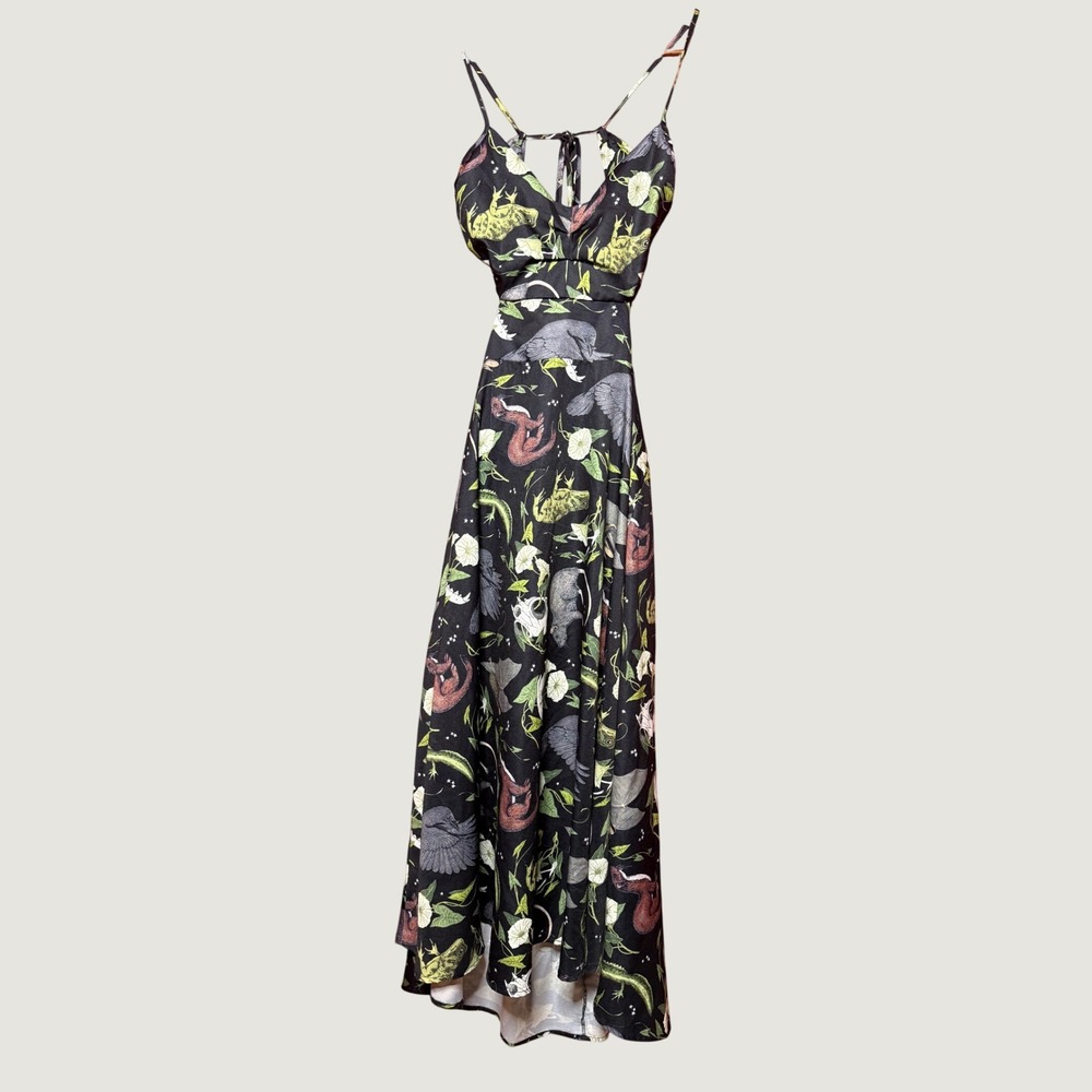 Unbranded Maxi Dress Womens S Black Animal Skull Print Excellent Open Back Tie